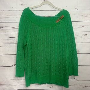Lauren R XL Women’s Cotton Blend Green CableKnit Long Sleeve Buckle Trim Sweater